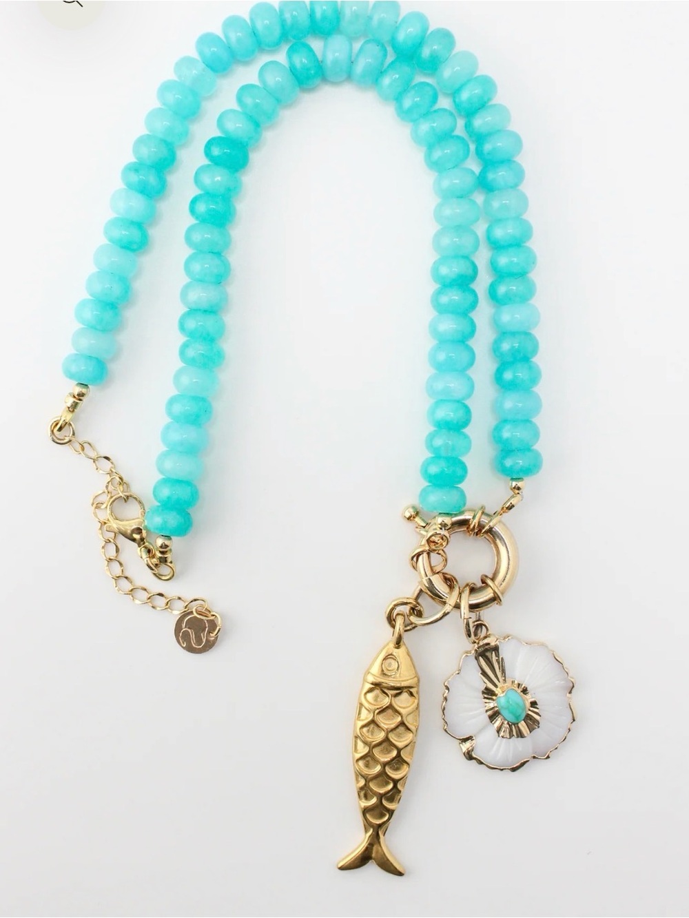 🔘Gold Fish & Floral Charm Turquoise Beaded Necklace